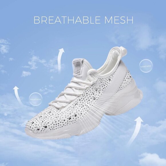 🆕 Women's Rhinestone Mesh Slip Walking Shoes Breathable Glitter Sneaker White - Picture 2 of 9